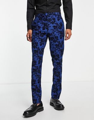 Twisted Tailor Jackalope skinny suit pants in blue with navy flocking