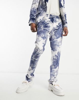 Twisted Tailor judd suit pants in white with blue ink floral print