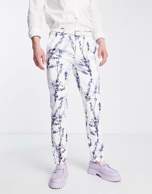 Twisted Tailor lavadino skinny fit smart pants in white with floral print