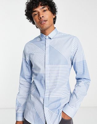 Twisted Tailor limerick shirt with patchwork stripes in blue