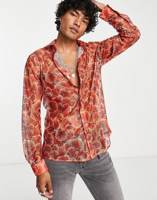 Twisted Tailor muir short sleeve camp collar shirt in orange floral lace