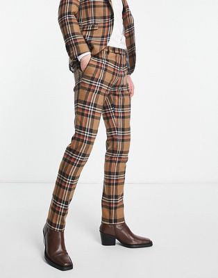 Twisted Tailor nevada skinny suit pants in beige and blue tartan check-Neutral
