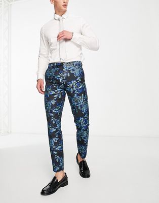 Twisted Tailor owsley suit pants in black with teal and mint floral jacquard-Blue