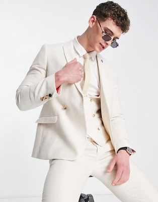 Twisted Tailor pegas slim fit double breasted suit jacket in off white
