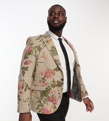 Twisted Tailor Plus sember suit jacket in beige wool with placement floral print-Neutral