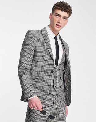 Twisted Tailor pudwill slim fit suit jacket in beige and navy micro check-Multi
