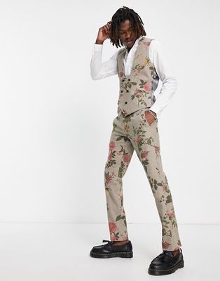 Twisted tailor sember suit pants in beige wool with placement floral print-Neutral