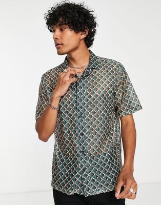Twisted Tailor shadoff shirt with revere collar in geometric vintage lace-Green