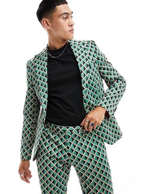 Twisted Tailor shadoff suit jacket in green with geometric vintage print