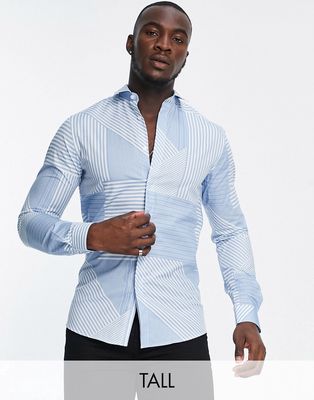 Twisted Tailor Tall limerick shirt with patchwork stripes in blue