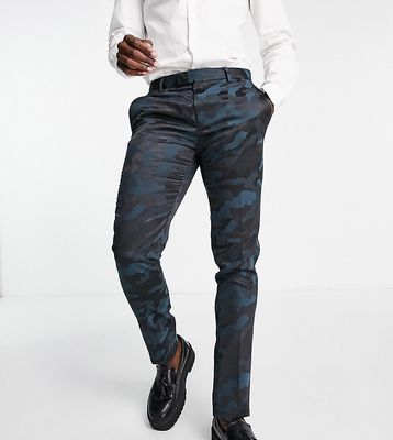 Twisted Tailor Tall vallely skinny fit suit pants in dark green camo with black side stripe-Multi