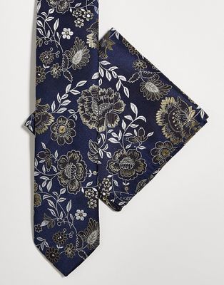 Twisted Tailor tie and pocket square set in navy with floral design