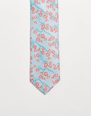 Twisted Tailor tie in baby blue with cherry blossom design