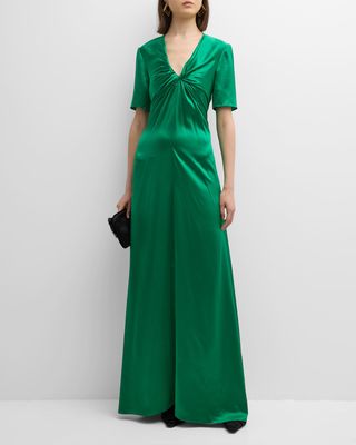 Twisted V-Neck Short-Sleeve Silk Gown