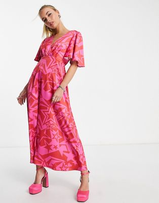 Twisted Wunder flutter sleeve maxi dress in pink and red star print