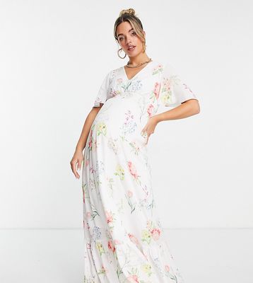 Twisted Wunder Maternity flutter sleeve maxi tea dress in botanical floral-White