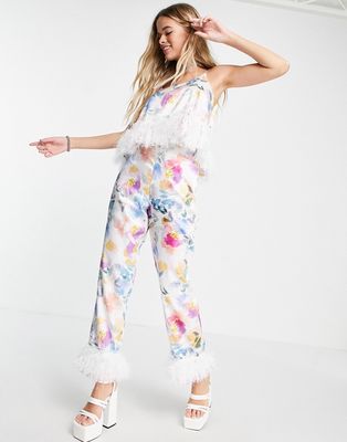 Twisted Wunder straight leg pants in floral print with faux feather hem - part of a set-Multi