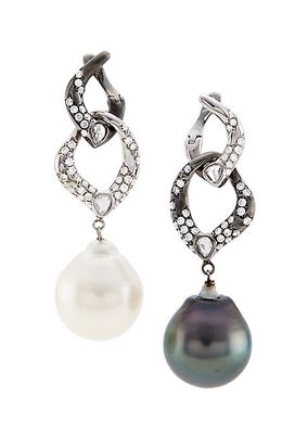 Two-Tone 18K White Gold & Pearl Mismatched Drop Earrings
