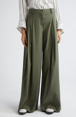 TWP Didi Pleated Stretch Cotton Poplin Wide Leg Pants in Olive Night 