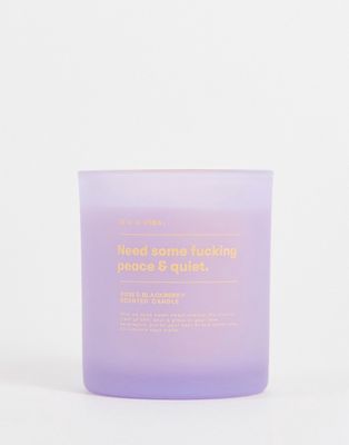 Typo candle with 'peace & quiet' slogan in rose and blackberry scent-Purple