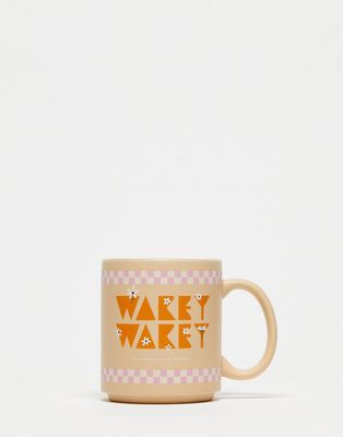 Typo 'wakey wakey' mug in beige with pink checkerboard-Multi