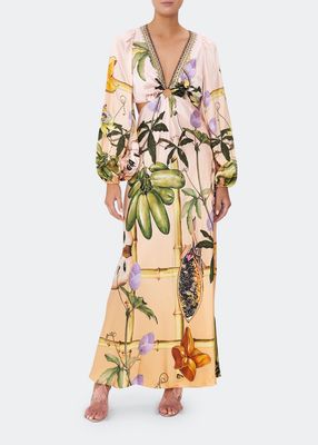 U-Ring Printed Silk Cutout Maxi Dress