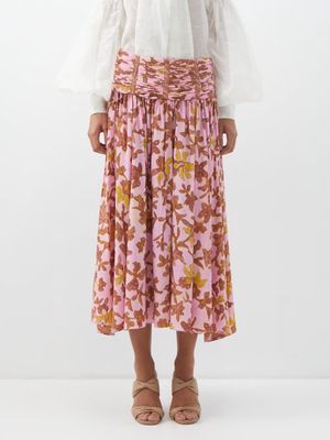 Ulla Johnson - Amaia Orchid-print Silk Crepe De Chine Midi Skirt - Womens - Pink Multi