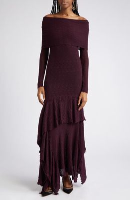 Ulla Johnson Ambrosia Off-the-Shoulder Wool Pointelle Sweater Dress in Mahogany