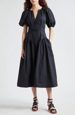 Ulla Johnson Carina Puff Sleeve Cotton Midi Dress in Noir