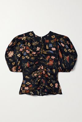 Ulla Johnson - Elise Ruched Floral-print Silk-twill Top - Black