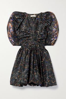 Ulla Johnson - Gwen Printed Ruched Taffeta Mini Dress - Black