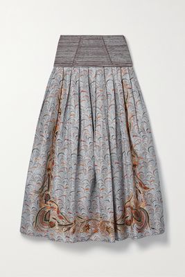 Ulla Johnson - Lena Pleated Printed Taffeta And Mouline Ribbed-knit Skirt - Gray
