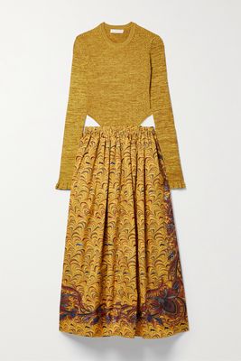Ulla Johnson - Marcellina Cutout Ribbed-knit And Printed Taffeta Midi Dress - Yellow