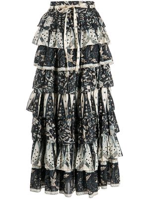 Ulla Johnson Margot floral-print tiered midi skirt - Black