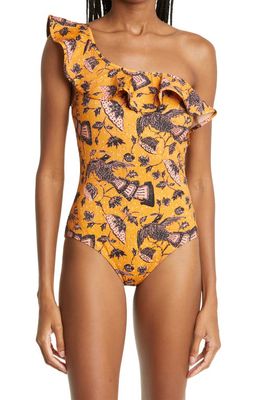 Ulla Johnson Martina Paisley Ruffle One-Shoulder One-Piece Swimsuit in Solar