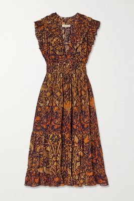 Ulla Johnson - Samara Ruffled Printed Cotton-blend Chiffon Midi Dress - Brown