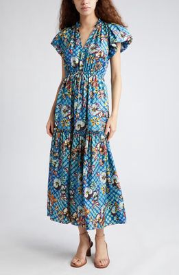 Ulla Johnson Scarlett Floral Shibori Mixed Print Silk Midi Dress in Azul