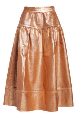Ulla Johnson The Astrid Metallic Denim Tiered Skirt in Copper Foiled Wash