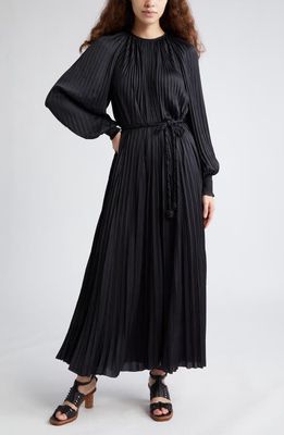 Ulla Johnson Zora Long Sleeve Pleated Satin Maxi Dress in Noir