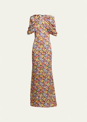 Ultra Floral-Print Draped Gown