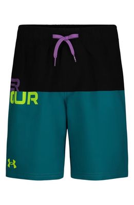 Under Armour Kids' Logo Colorblock Volley Swim Trunks in Circuit Teal