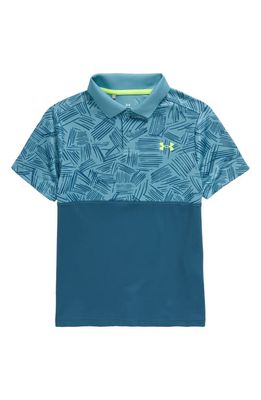 Under Armour Kids' Performance Palm Sketch Polo in Still Water /Lime Surge