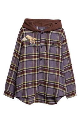 Undercover Beaded Hooded Plaid Button-Up Shirt in Purple Ck