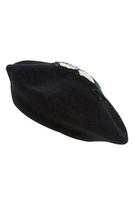 Undercover Embroidered Rose Wool Beret in Black