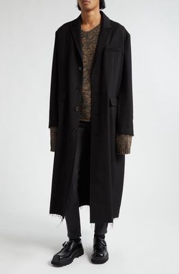 Undercover Fray Hem Longline Wool Coat in Black