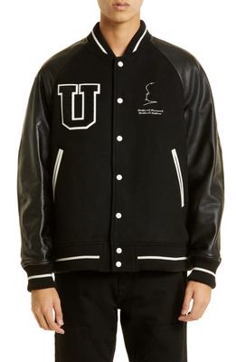 Undercover Hitchcock Leather Sleeve Varsity Jacket in Black