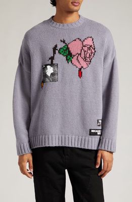 Undercover New Rose Patched Intarsia Wool Crewneck Sweater in Lavender
