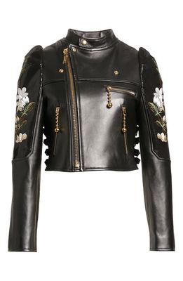 Undercover Sheepskin Moto Jacket with Flower Embroidered Sleeves in Black