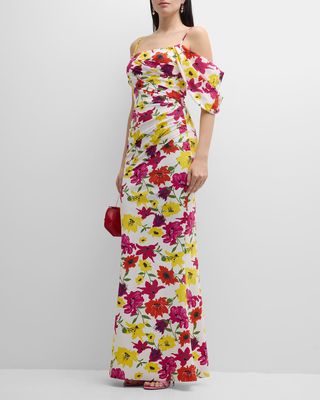 Unifila Pleated Floral-Print Trumpet Gown