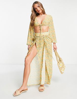 Unique 21 beach crop top and maxi skirt in yellow floral